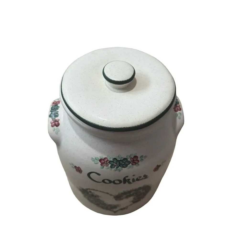 Vintage Crock  Stoneware Pottery Homemade Cookies Cookie Jar Floral Heart Large